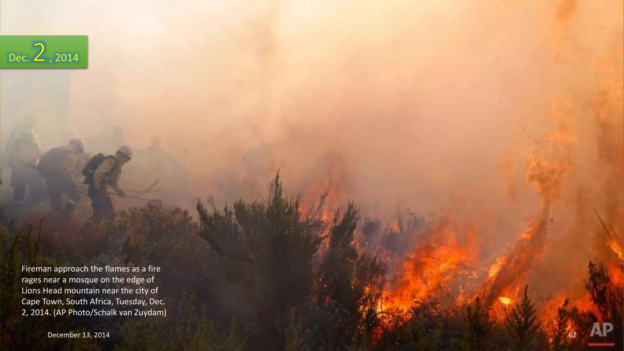 Dec. , 2014 
Fireman approach the flames as a fire 
rages near a mosque on the edge of 
Lions Head mountain near the city of 
Cape Town, South Africa, Tuesday, Dec. 
2, 2014. (AP Photo/Schalk van Zuydam) 
December 13, 2014 62 
 
