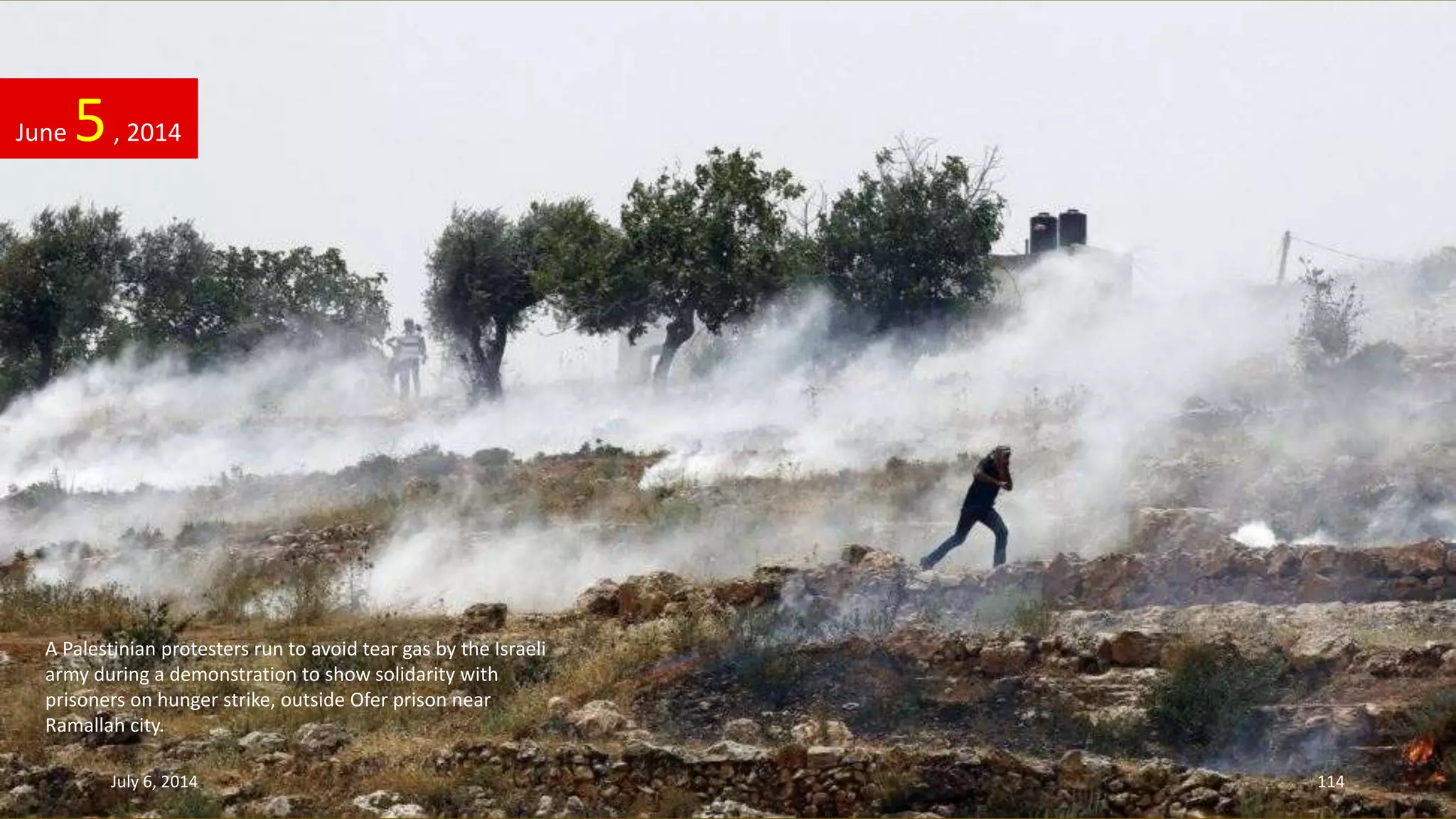 June 5, 2014
July 6, 2014 114
A Palestinian protesters run to avoid tear gas by the Israeli
army during a demonstration to show solidarity with
prisoners on hunger strike, outside Ofer prison near
Ramallah city.
 