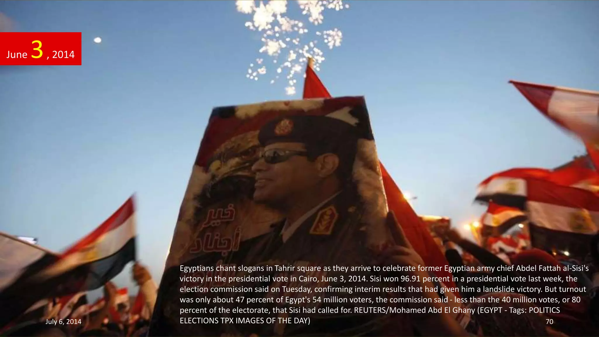 Egyptians chant slogans in Tahrir square as they arrive to celebrate former Egyptian army chief Abdel Fattah al-Sisi's
victory in the presidential vote in Cairo, June 3, 2014. Sisi won 96.91 percent in a presidential vote last week, the
election commission said on Tuesday, confirming interim results that had given him a landslide victory. But turnout
was only about 47 percent of Egypt's 54 million voters, the commission said - less than the 40 million votes, or 80
percent of the electorate, that Sisi had called for. REUTERS/Mohamed Abd El Ghany (EGYPT - Tags: POLITICS
ELECTIONS TPX IMAGES OF THE DAY)
June 3, 2014
July 6, 2014 70
 