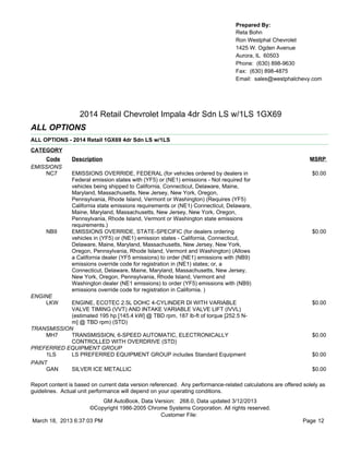 Prepared By:
                                                                                  Reta Bohn
                                                                                  Ron Westphal Chevrolet
                                                                                  1425 W. Ogden Avenue
                                                                                  Aurora, IL 60503
                                                                                  Phone: (630) 898-9630
                                                                                  Fax: (630) 898-4875
                                                                                  Email: sales@westphalchevy.com




                   2014 Retail Chevrolet Impala 4dr Sdn LS w/1LS 1GX69
ALL OPTIONS
ALL OPTIONS - 2014 Retail 1GX69 4dr Sdn LS w/1LS
CATEGORY
    Code        Description                                                                                    MSRP
EMISSIONS
    NC7         EMISSIONS OVERRIDE, FEDERAL (for vehicles ordered by dealers in                                 $0.00
                Federal emission states with (YF5) or (NE1) emissions - Not required for
                vehicles being shipped to California, Connecticut, Delaware, Maine,
                Maryland, Massachusetts, New Jersey, New York, Oregon,
                Pennsylvania, Rhode Island, Vermont or Washington) (Requires (YF5)
                California state emissions requirements or (NE1) Connecticut, Delaware,
                Maine, Maryland, Massachusetts, New Jersey, New York, Oregon,
                Pennsylvania, Rhode Island, Vermont or Washington state emissions
                requirements.)
      NB9       EMISSIONS OVERRIDE, STATE-SPECIFIC (for dealers ordering                                        $0.00
                vehicles in (YF5) or (NE1) emission states - California, Connecticut,
                Delaware, Maine, Maryland, Massachusetts, New Jersey, New York,
                Oregon, Pennsylvania, Rhode Island, Vermont and Washington) (Allows
                a California dealer (YF5 emissions) to order (NE1) emissions with (NB9)
                emissions override code for registration in (NE1) states; or, a
                Connecticut, Delaware, Maine, Maryland, Massachusetts, New Jersey,
                New York, Oregon, Pennsylvania, Rhode Island, Vermont and
                Washington dealer (NE1 emissions) to order (YF5) emissions with (NB9)
                emissions override code for registration in California. )
ENGINE
    LKW     ENGINE, ECOTEC 2.5L DOHC 4-CYLINDER DI WITH VARIABLE                                                $0.00
            VALVE TIMING (VVT) AND INTAKE VARIABLE VALVE LIFT (IVVL)
            (estimated 195 hp [145.4 kW] @ TBD rpm, 187 lb-ft of torque [252.5 N-
            m] @ TBD rpm) (STD)
TRANSMISSION
     MH7    TRANSMISSION, 6-SPEED AUTOMATIC, ELECTRONICALLY                                                     $0.00
            CONTROLLED WITH OVERDRIVE (STD)
PREFERRED EQUIPMENT GROUP
     1LS    LS PREFERRED EQUIPMENT GROUP includes Standard Equipment                                            $0.00
PAINT
     GAN    SILVER ICE METALLIC                                                                                 $0.00

Report content is based on current data version referenced. Any performance-related calculations are offered solely as
guidelines. Actual unit performance will depend on your operating conditions.
                          GM AutoBook, Data Version: 268.0, Data updated 3/12/2013
                     ©Copyright 1986-2005 Chrome Systems Corporation. All rights reserved.
                                              Customer File:
March 18, 2013 6:37:03 PM                                                                                    Page 12
 