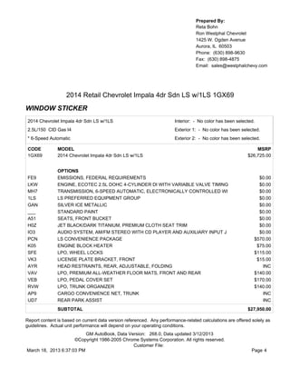 Prepared By:
                                                                                  Reta Bohn
                                                                                  Ron Westphal Chevrolet
                                                                                  1425 W. Ogden Avenue
                                                                                  Aurora, IL 60503
                                                                                  Phone: (630) 898-9630
                                                                                  Fax: (630) 898-4875
                                                                                  Email: sales@westphalchevy.com




                   2014 Retail Chevrolet Impala 4dr Sdn LS w/1LS 1GX69
WINDOW STICKER
 2014 Chevrolet Impala 4dr Sdn LS w/1LS                                Interior: - No color has been selected.
 2.5L/150 CID Gas I4                                                   Exterior 1: - No color has been selected.
 * 6-Speed Automatic                                                   Exterior 2: - No color has been selected.

 CODE          MODEL                                                                                           MSRP
 1GX69         2014 Chevrolet Impala 4dr Sdn LS w/1LS                                                      $26,725.00


               OPTIONS
 FE9           EMISSIONS, FEDERAL REQUIREMENTS                                                                  $0.00
 LKW           ENGINE, ECOTEC 2.5L DOHC 4-CYLINDER DI WITH VARIABLE VALVE TIMING                                $0.00
 MH7           TRANSMISSION, 6-SPEED AUTOMATIC, ELECTRONICALLY CONTROLLED WI                                    $0.00
 1LS           LS PREFERRED EQUIPMENT GROUP                                                                     $0.00
 GAN           SILVER ICE METALLIC                                                                              $0.00
 ___           STANDARD PAINT                                                                                   $0.00
 A51           SEATS, FRONT BUCKET                                                                              $0.00
 H0Z           JET BLACK/DARK TITANIUM, PREMIUM CLOTH SEAT TRIM                                                 $0.00
 IO3           AUDIO SYSTEM, AM/FM STEREO WITH CD PLAYER AND AUXILIARY INPUT J                                  $0.00
 PCN           LS CONVENIENCE PACKAGE                                                                         $570.00
 K05           ENGINE BLOCK HEATER                                                                             $75.00
 SFE           LPO, WHEEL LOCKS                                                                               $115.00
 VK3           LICENSE PLATE BRACKET, FRONT                                                                    $15.00
 AYR           HEAD RESTRAINTS, REAR, ADJUSTABLE, FOLDING                                                        INC
 VAV           LPO, PREMIUM ALL-WEATHER FLOOR MATS, FRONT AND REAR                                            $140.00
 VEB           LPO, PEDAL COVER SET                                                                           $170.00
 RVW           LPO, TRUNK ORGANIZER                                                                           $140.00
 AP9           CARGO CONVENIENCE NET, TRUNK                                                                      INC
 UD7           REAR PARK ASSIST                                                                                  INC
               SUBTOTAL                                                                                    $27,950.00

Report content is based on current data version referenced. Any performance-related calculations are offered solely as
guidelines. Actual unit performance will depend on your operating conditions.
                          GM AutoBook, Data Version: 268.0, Data updated 3/12/2013
                     ©Copyright 1986-2005 Chrome Systems Corporation. All rights reserved.
                                              Customer File:
March 18, 2013 6:37:03 PM                                                                                    Page 4
 