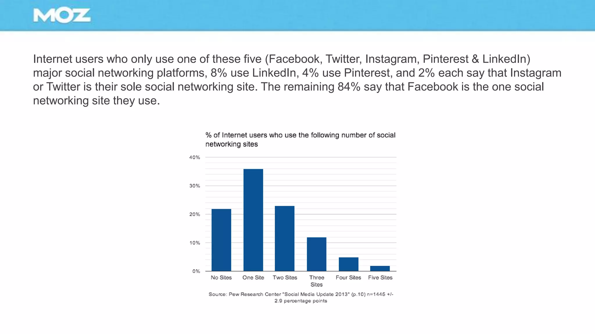 Internet users who only use one of these five (Facebook, Twitter, Instagram, Pinterest & LinkedIn)
major social networking platforms, 8% use LinkedIn, 4% use Pinterest, and 2% each say that Instagram
or Twitter is their sole social networking site. The remaining 84% say that Facebook is the one social
networking site they use.
 