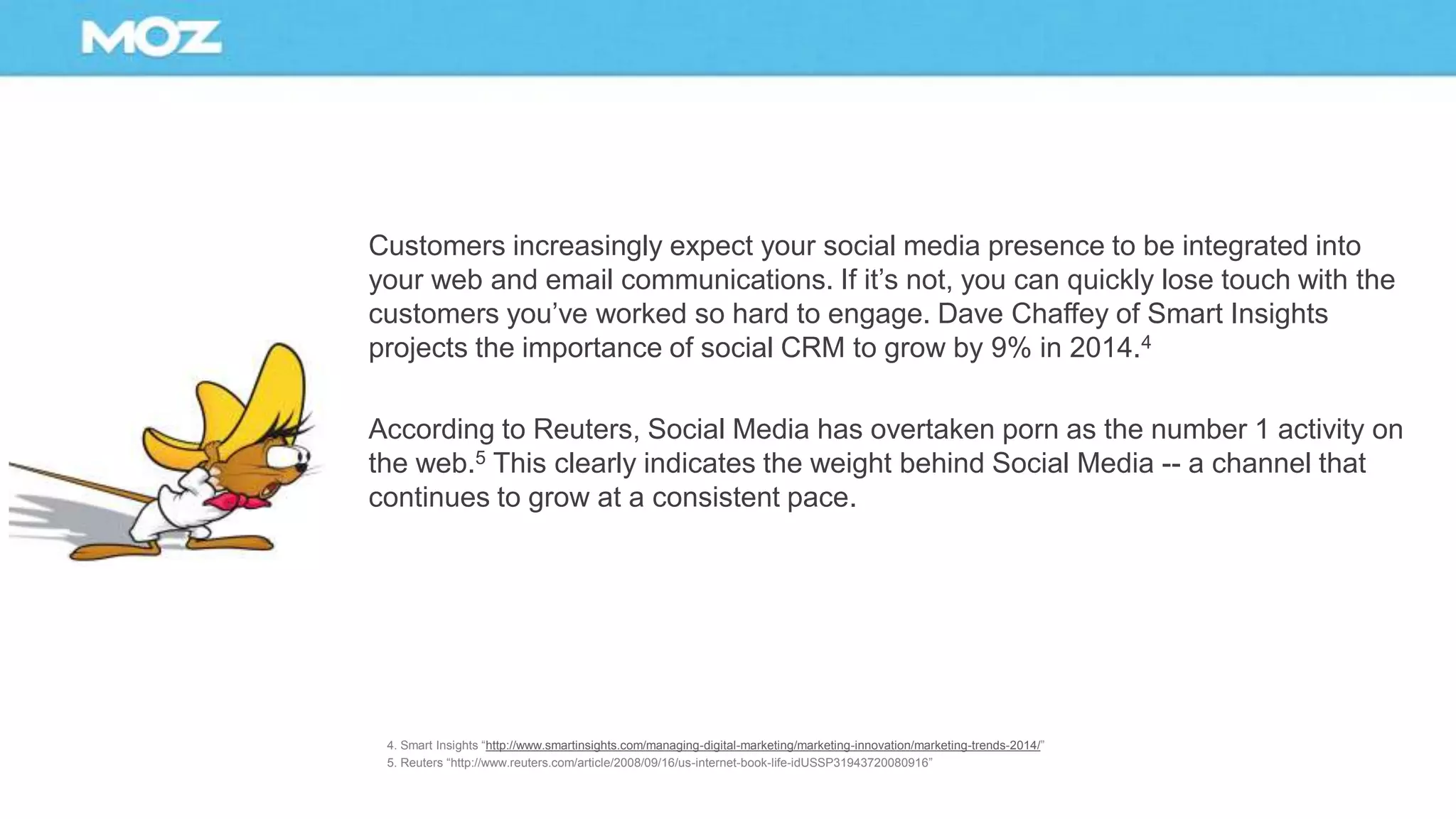 Customers increasingly expect your social media presence to be integrated into
your web and email communications. If it’s not, you can quickly lose touch with the
customers you’ve worked so hard to engage. Dave Chaffey of Smart Insights
projects the importance of social CRM to grow by 9% in 2014.4
According to Reuters, Social Media has overtaken porn as the number 1 activity on
the web.5 This clearly indicates the weight behind Social Media -- a channel that
continues to grow at a consistent pace.
4. Smart Insights “http://www.smartinsights.com/managing-digital-marketing/marketing-innovation/marketing-trends-2014/”
5. Reuters “http://www.reuters.com/article/2008/09/16/us-internet-book-life-idUSSP31943720080916”
 