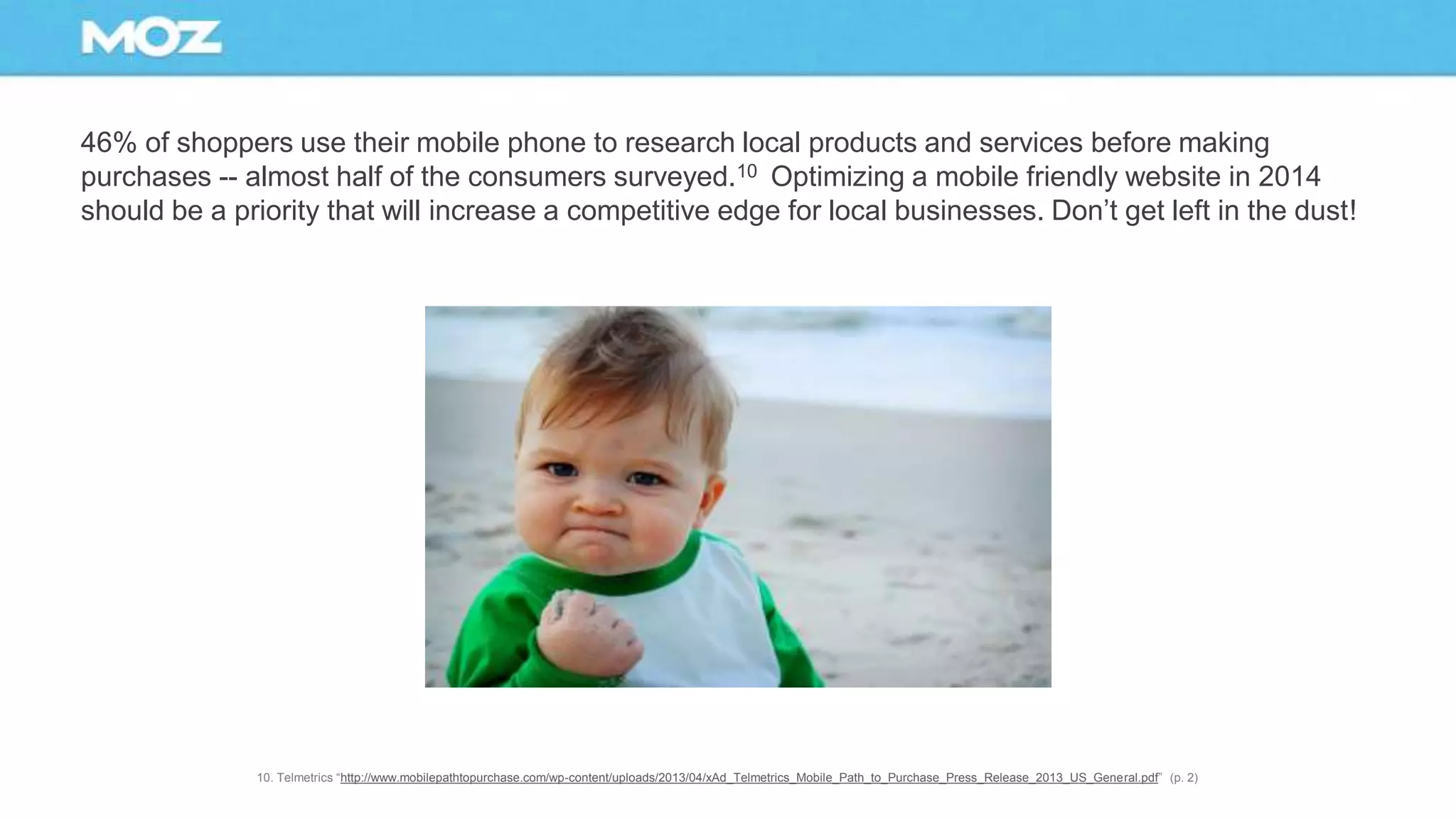 46% of shoppers use their mobile phone to research local products and services before making
purchases -- almost half of the consumers surveyed.10 Optimizing a mobile friendly website in 2014
should be a priority that will increase a competitive edge for local businesses. Don’t get left in the dust!
10. Telmetrics “http://www.mobilepathtopurchase.com/wp-content/uploads/2013/04/xAd_Telmetrics_Mobile_Path_to_Purchase_Press_Release_2013_US_General.pdf” (p. 2)
 