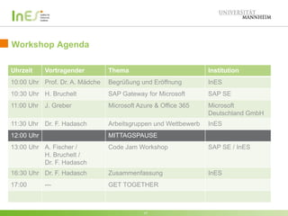 Workshop Agenda 
Uhrzeit Vortragender Thema Institution 
10:00 Uhr Prof. Dr. A. Mädche Begrüßung und Eröffnung InES 
10:30 Uhr H. Bruchelt SAP Gateway for Microsoft SAP SE 
11:00 Uhr J. Greber Microsoft Azure & Office 365 Microsoft 
Deutschland GmbH 
11:30 Uhr Dr. F. Hadasch Arbeitsgruppen und Wettbewerb InES 
12:00 Uhr MITTAGSPAUSE 
13:00 Uhr A. Fischer / 
H. Bruchelt / 
Dr. F. Hadasch 
Code Jam Workshop SAP SE / InES 
16:30 Uhr Dr. F. Hadasch Zusammenfassung InES 
17:00 --- GET TOGETHER 
17 

