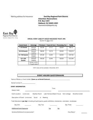 Mailing address for Insurance: East Bay Regional Park District
Attention: Reservations
P.O. Box 5381
Oakland, CA 94605-0381
reservations@ebparks.org
SPECIAL EVENT LIABILITY GROUP INSURANCE TRUST, RPG
Quotes for 2014 only*
Guest Count Coverage Premium Taxes & Fees Processing Fee Totals
1-25 Guests General
Liability
$35.00 $1.12 $30.00 $66.12
26-50 Guests General
Liability
$68.00 $2.18 $30.00 $100.18
51-150 Guests General
Liability
$75.00 $2.40 $30.00 $107.40
151-250
Guests
General
Liability
$93.00 $2.98 $30.00 $125.98
Excess Limits
(if applicable)
*2015 rates will be available in November 2014
EVENT HOLDER QUESTIONNAIRE
Name of Renter or Event Holder: (Same as on Rental Contract) __________________________________
Rental Contract # _______________________
EVENT INFORMATION
Date(s) Held:
Time:
Event Location: (circle one) Brazilian Room Lake Temescal Beach House Fern Cottage Shoreline Center
Description of Event: (circle one) Social or Meeting
Total Attendance (per day) including all participants, guests, exhibitors, entertainers, volunteers, employees:
Day One ___________ Day Two ____________ Day Three ____________
Additional Event Exposures Yes No
Vendors/Exhibitors/Concessionaires? How Many?
 