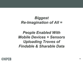 58
Biggest
Re-Imagination of All =
People Enabled With
Mobile Devices + Sensors
Uploading Troves of
Findable & Sharable Data
 