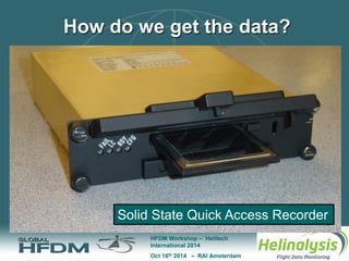 Oct 16th 2014 – RAI Amsterdam 
HFDM Workshop – Helitech 
International 2014 
Solid State Quick Access Recorder 
How do we ...
