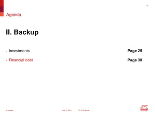 © Generali May 15, 2014 1Q 2014 Results
Agenda
30
II. Backup
- Investments Page 25
- Financial debt Page 30
 