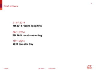 © Generali May 15, 2014 1Q 2014 Results
34
Next events
31.07.2014
1H 2014 results reporting
06.11.2014
9M 2014 results reporting
19.11.2014
2014 Investor Day
 