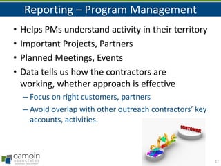 Reporting – Program Management
•
•
•
•

Helps PMs understand activity in their territory
Important Projects, Partners
Planned Meetings, Events
Data tells us how the contractors are
working, whether approach is effective
– Focus on right customers, partners
– Avoid overlap with other outreach contractors’ key
accounts, activities.

17

 