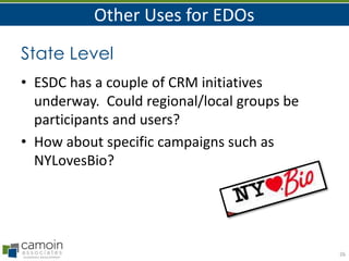 Other Uses for EDOs
State Level
• ESDC has a couple of CRM initiatives
underway. Could regional/local groups be
participants and users?
• How about specific campaigns such as
NYLovesBio?

26

 