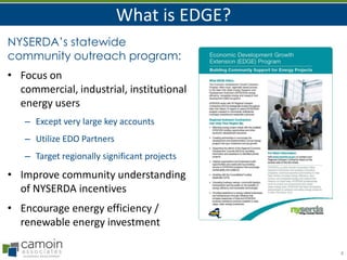 What is EDGE?
NYSERDA’s statewide
community outreach program:
• Focus on
commercial, industrial, institutional
energy users
– Except very large key accounts
– Utilize EDO Partners

– Target regionally significant projects

• Improve community understanding
of NYSERDA incentives
• Encourage energy efficiency /
renewable energy investment
4

 