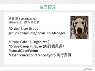 自己紹介 
紀野 
惠 
( 
Satoshi 
Kino) 
ANNAI 
LLC, 
㈱ジオどす 
*Drupal 
User 
Group 
groups.drupal.org/japan 
Co-­‐Manager 
*DrupalCa...