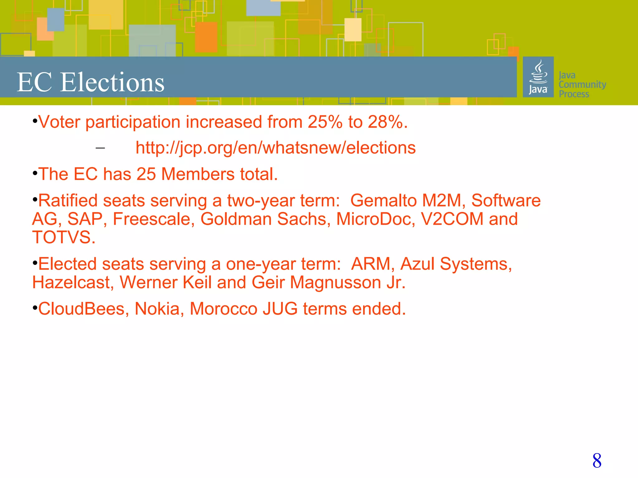 8
EC Elections
•Voter participation increased from 25% to 28%.
– http://jcp.org/en/whatsnew/elections
•The EC has 25 Members total.
•Ratified seats serving a two-year term: Gemalto M2M, Software
AG, SAP, Freescale, Goldman Sachs, MicroDoc, V2COM and
TOTVS.
•Elected seats serving a one-year term: ARM, Azul Systems,
Hazelcast, Werner Keil and Geir Magnusson Jr.
•CloudBees, Nokia, Morocco JUG terms ended.
 