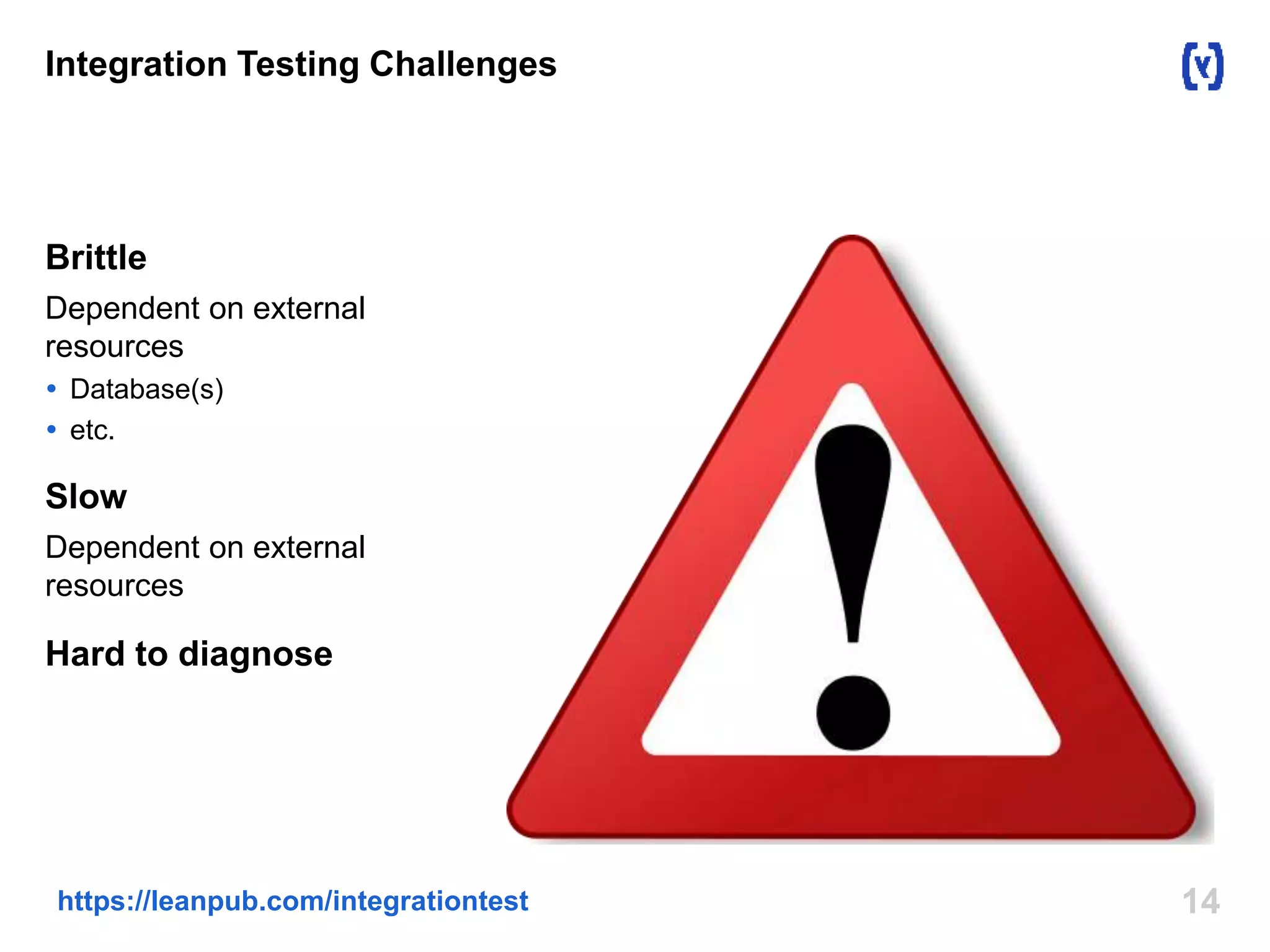 Integration Testing Challenges 
Brittle 
Dependent on external 
resources 
 Database(s) 
 etc. 
Slow 
Dependent on external 
resources 
Hard to diagnose 
https://leanpub.com/integrationtest 14 
 
