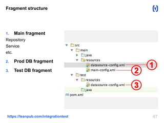 Fragment structure 
1. Main fragment 
Repository 
Service 
etc. 
2. Prod DB fragment 
3. Test DB fragment 
https://leanpub.com/integrationtest 47 
 