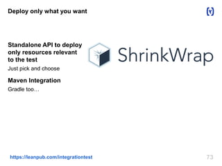 Deploy only what you want 
Standalone API to deploy 
only resources relevant 
to the test 
Just pick and choose 
Maven Integration 
Gradle too… 
https://leanpub.com/integrationtest 73 
 