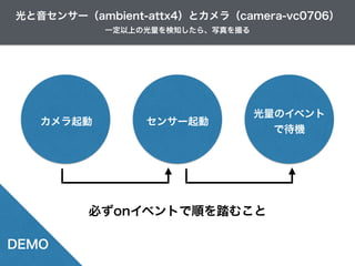 一定以上の光量を検知したら、写真を撮る
光と音センサー（ambient-attx4）とカメラ（camera-vc0706）
カメラ起動 センサー起動
光量のイベント
で待機
必ずonイベントで順を踏むこと
DEMO
 
