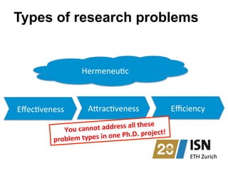 Types of research problems
Eﬀec1veness	
   Eﬃciency	
  A<rac1veness	
  
Hermeneu1c	
  
You	
  cannot	
  address	
  all	
  these	
  	
  
problem	
  types	
  in	
  one	
  Ph.D.	
  project!	
  
 