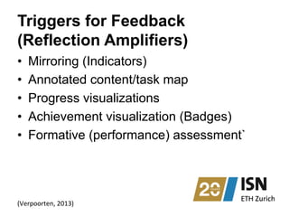 Triggers for Feedback
(Reflection Amplifiers)
•  Mirroring (Indicators)
•  Annotated content/task map
•  Progress visualizations
•  Achievement visualization (Badges)
•  Formative (performance) assessment`
(Verpoorten,	
  2013)	
  
 