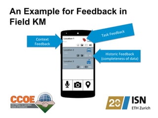 An Example for Feedback in
Field KM
Location 1 Location 1
Location 2 Location 2
Location 3 Location 3
500m 500m
110m 110m
20m 20m
Humanitarian Icons
A collection of 500 humanitarian symbols has been created by the United
Nations Office for the Coordination of Humanitarian Affairs. The symbols
can be downloaded for free on ReliefWeb and The Noun Project.
http://reliefweb.int/map/world/world-humanitarian-and-country-icons-2012
http://thenounproject.com/collections/ocha-humanitarian-icons/
Humanitarian Icons
A collection of 500 humanitarian symbols has been created by the United
Nations Office for the Coordination of Humanitarian Affairs. The symbols
can be downloaded for free on ReliefWeb and The Noun Project.
http://reliefweb.int/map/world/world-humanitarian-and-country-icons-2012
http://thenounproject.com/collections/ocha-humanitarian-icons/
Humanitarian Icons
A collection of 500 humanitarian symbols has been created by the United
Nations Office for the Coordination of Humanitarian Affairs. The symbols
can be downloaded for free on ReliefWeb and The Noun Project.
http://reliefweb.int/map/world/world-humanitarian-and-country-icons-2012
http://thenounproject.com/collections/ocha-humanitarian-icons/
Published in Aug 2012 Contact: ochaavmu@un.org
Humanitarian Icons
A collection of 500 humanitarian symbols has been created by the United
Nations Office for the Coordination of Humanitarian Affairs. The symbols
can be downloaded for free on ReliefWeb and The Noun Project.
http://reliefweb.int/map/world/world-humanitarian-and-country-icons-2012
http://thenounproject.com/collections/ocha-humanitarian-icons/
Published in Aug 2012 Contact: o
Humanitarian Icons
A collection of 500 humanitarian symbols has been created by the United
Nations Office for the Coordination of Humanitarian Affairs. The symbols
can be downloaded for free on ReliefWeb and The Noun Project.
http://reliefweb.int/map/world/world-humanitarian-and-country-icons-2012
http://thenounproject.com/collections/ocha-humanitarian-icons/
Published in Aug 2012 Contact: ochaavmu@un.org
Humanitarian Icons
A collection of 500 humanitarian symbols has been created by the United
Nations Office for the Coordination of Humanitarian Affairs. The symbols
can be downloaded for free on ReliefWeb and The Noun Project.
http://reliefweb.int/map/world/world-humanitarian-and-country-icons-2012
http://thenounproject.com/collections/ocha-humanitarian-icons/
Published in Aug 2012 Contact: ochaavmu@un.org
Historic	
  Feedback	
  
(completeness	
  of	
  data)	
  
Task	
  Feedback	
  
Context	
  
Feedback	
  
 