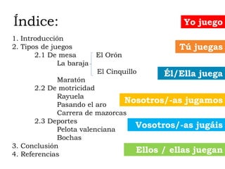 Índice:
1. Introducción
2. Tipos de juegos
2.1 De mesa El Orón
La baraja
El Cinquillo
Maratón
2.2 De motricidad
Rayuela
Pa...