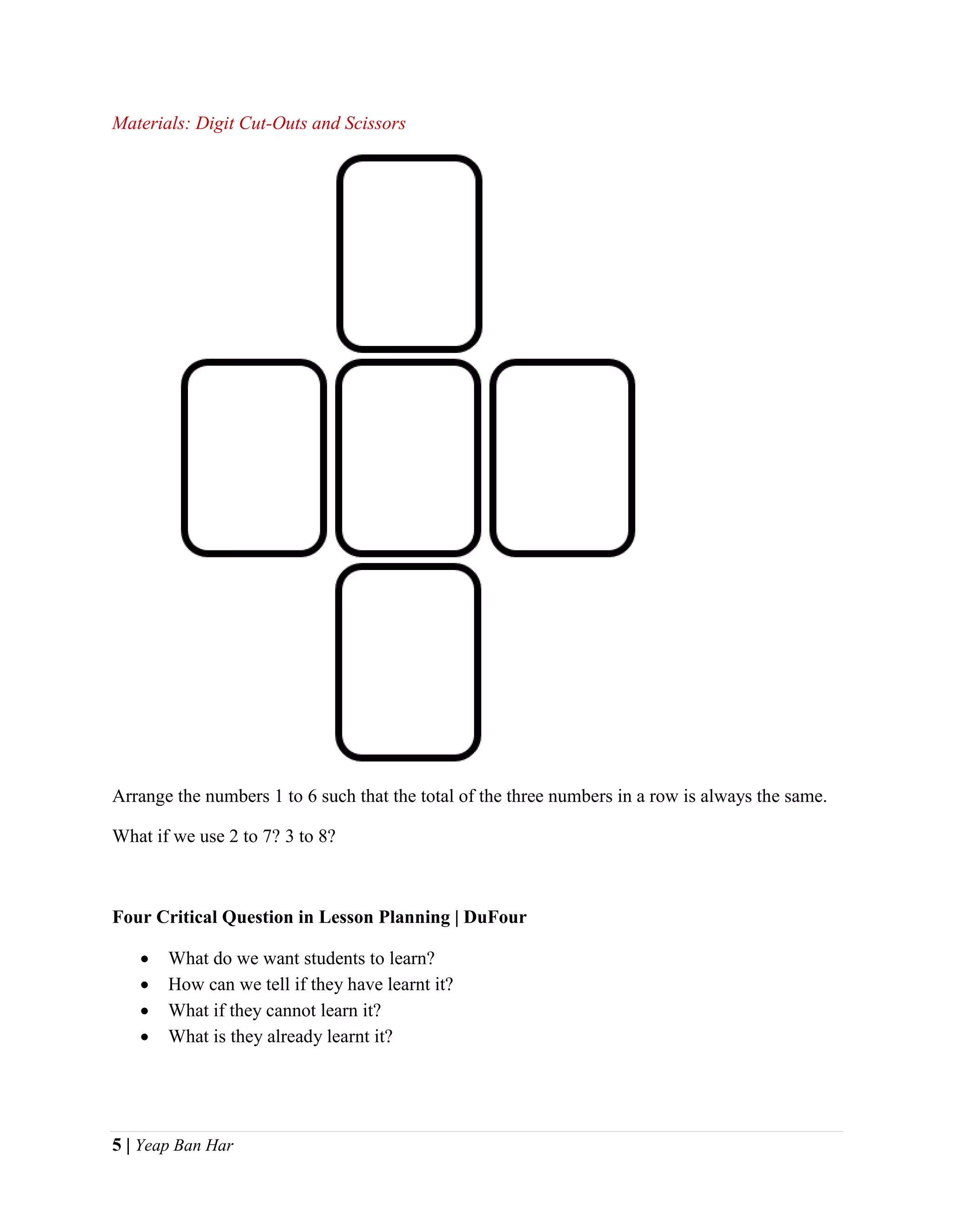 5 | Yeap Ban Har
Materials: Digit Cut-Outs and Scissors
Arrange the numbers 1 to 6 such that the total of the three numbers in a row is always the same.
What if we use 2 to 7? 3 to 8?
Four Critical Question in Lesson Planning | DuFour
 What do we want students to learn?
 How can we tell if they have learnt it?
 What if they cannot learn it?
 What is they already learnt it?
 