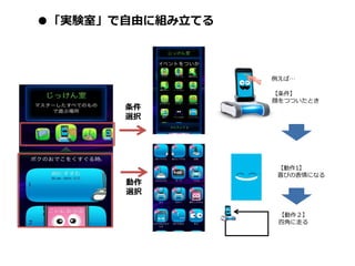 条件
選択
動作
選択
例えば…
【条件】
顔をつついたとき
【動作1】
喜びの表情になる
【動作２】
四角に走る
10
●「実験室」で自由に組み立てる
 