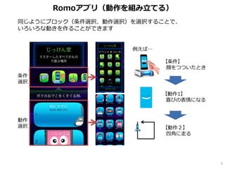 同じようにブロック（条件選択、動作選択）を選択することで、
いろいろな動きを作ることができます
Romoアプリ（動作を組み立てる）
5
条件
選択
動作
選択
例えば…
【条件】
顔をつついたとき
【動作1】
喜びの表情になる
【動作２】
四角に走る
 