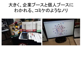 大きく、企業ブースと個人ブースに
わかれる、コミケのようなノリ
 