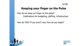 Keeping your finger on the Pulse
How do we keep our finger on the pulse?
Implications for budgeting, staffing, infrastructure
How do YOU? If you aren’t now, how do you begin?