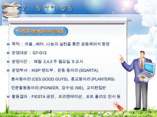 77.. 동동아아리리 활활동동 
목적 : 자율,배려, 나눔의 실천을 통한 공동체의식 함양 
운영대상 : G7-G12 
운영시간 : 매월 2,4,5 주 월요일 8교시 
운영부서 : KISP밴드부, 운동 동아리 (SQARTA), 
봉사동아리(CES,GOOD GUYS), 종교동아리(PLANTERS) 
인문활동동아리(PIONEER, 감수성,NIE), 교지편집반 
활동결과 : FIESTA공연, 프리젠테이션, 포트 폴리오 전시 등 
 
