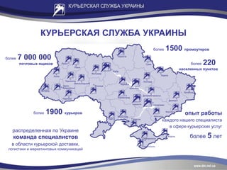КУРЬЕРСКАЯ СЛУЖБА УКРАИНЫ
более 7 000 000
почтовых ящиков более 220
населенных пунктов
более 1500 промоутеров
более 1900 курьеров
распределенная по Украине
команда специалистов
в области курьерской доставки,
логистики и маркетинговых коммуникаций
опыт работы
каждого нашего специалиста
в сфере курьерских услуг
более 5 лет
 