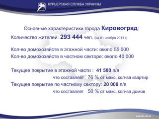 Основные характеристики города Кировоград:
Количество жителей: 293 444 чел. (на 01 ноября 2013 г)
Кол-во домохозяйств в этажной части: около 55 000
Кол-во домохозяйств в частном секторе: около 40 000
Текущее покрытие в этажной части : 41 500 п/я
что составляет 76 % от макс. кол-ва квартир
Текущее покрытие по частному сектору: 20 000 п/я
что составляет 50 % от макс. кол-ва домов
 