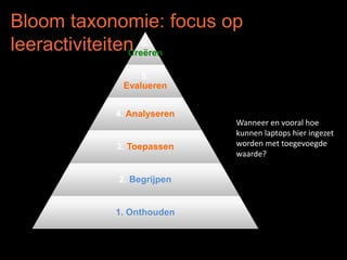 Bloom taxonomie: focus op 
leeractiviteiten 
6. 
Creëren 
5. 
Evalueren 
4. Analyseren 
3. Toepassen 
2. Begrijpen 
1. Onthouden 
Wanneer en vooral hoe 
kunnen laptops hier ingezet 
worden met toegevoegde 
waarde? 
 