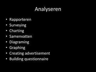 Analyseren 
• Rapporteren 
• Surveying 
• Charting 
• Samenvatten 
• Diagraming 
• Graphing 
• Creating advertisement 
• Building questionnaire 
 