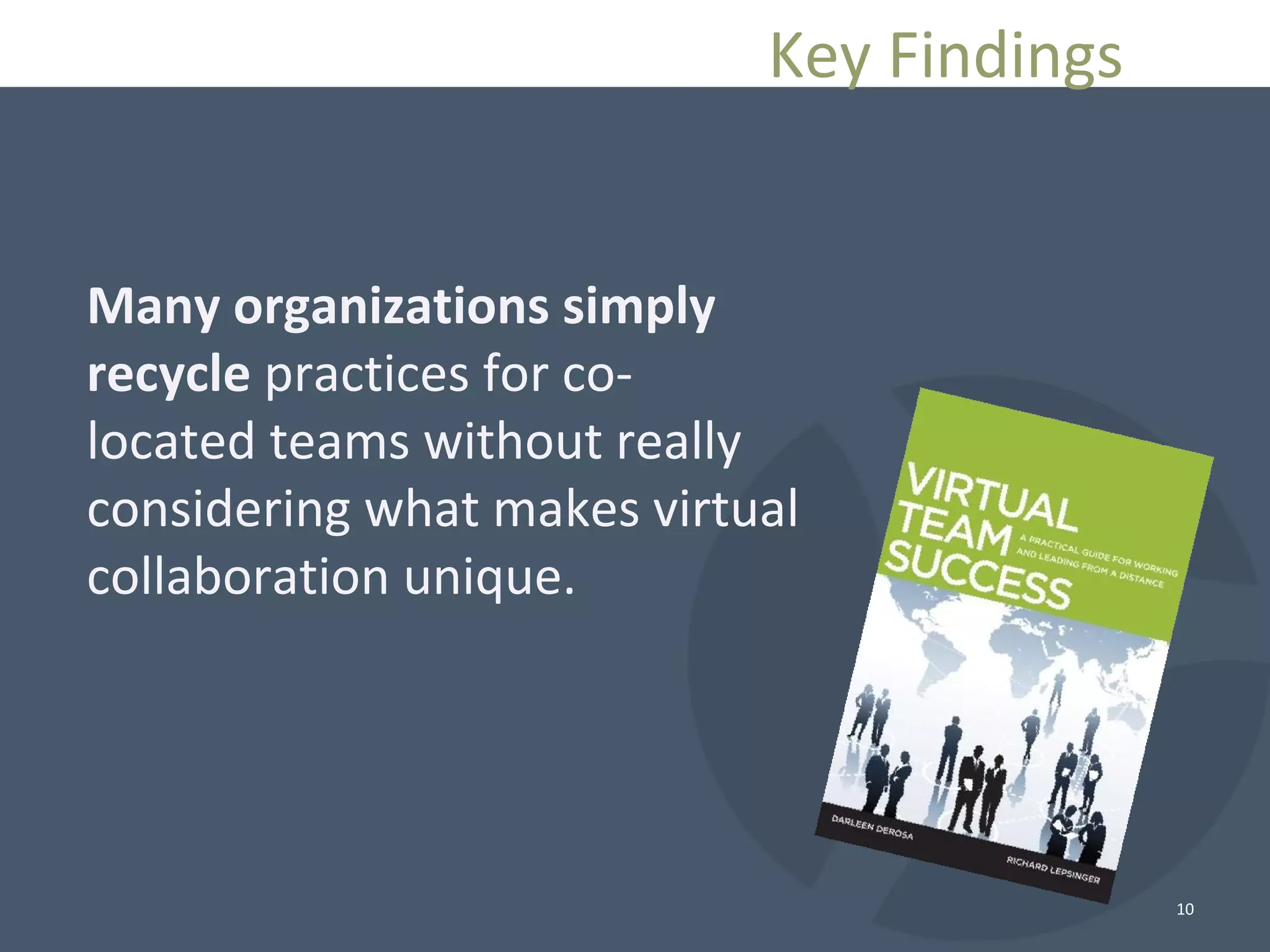 10
Key Findings
Many organizations simply
recycle practices for co-
located teams without really
considering what makes virtual
collaboration unique.
 