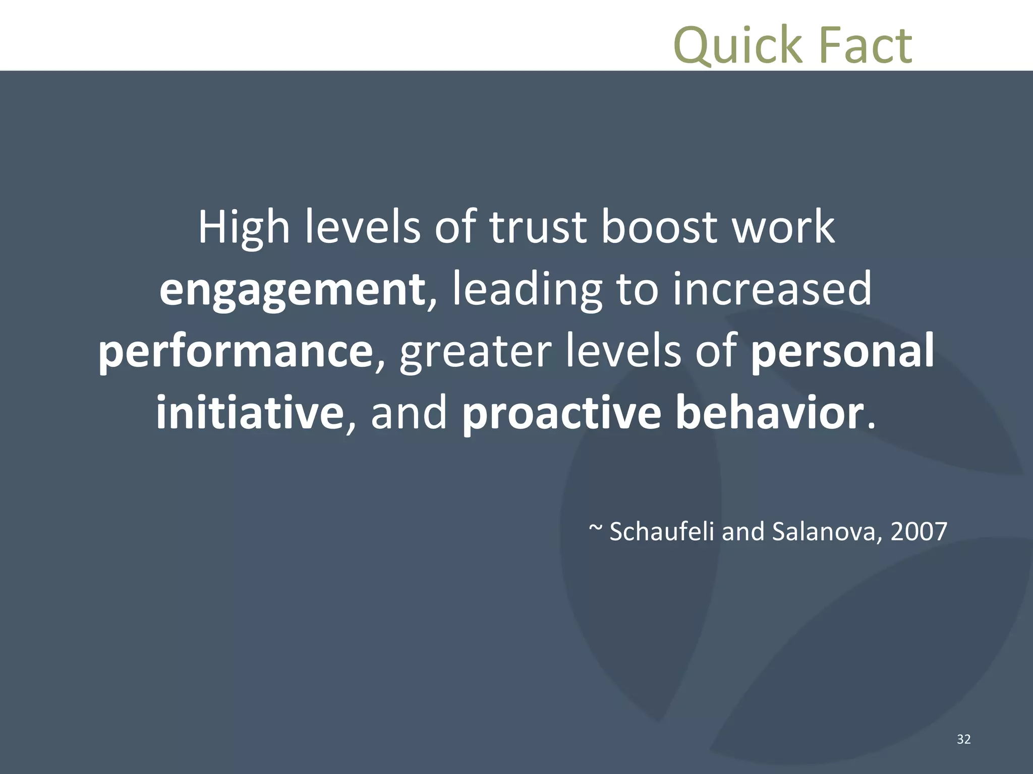 High levels of trust boost work
engagement, leading to increased
performance, greater levels of personal
initiative, and proactive behavior.
32
~ Schaufeli and Salanova, 2007
Quick Fact
 