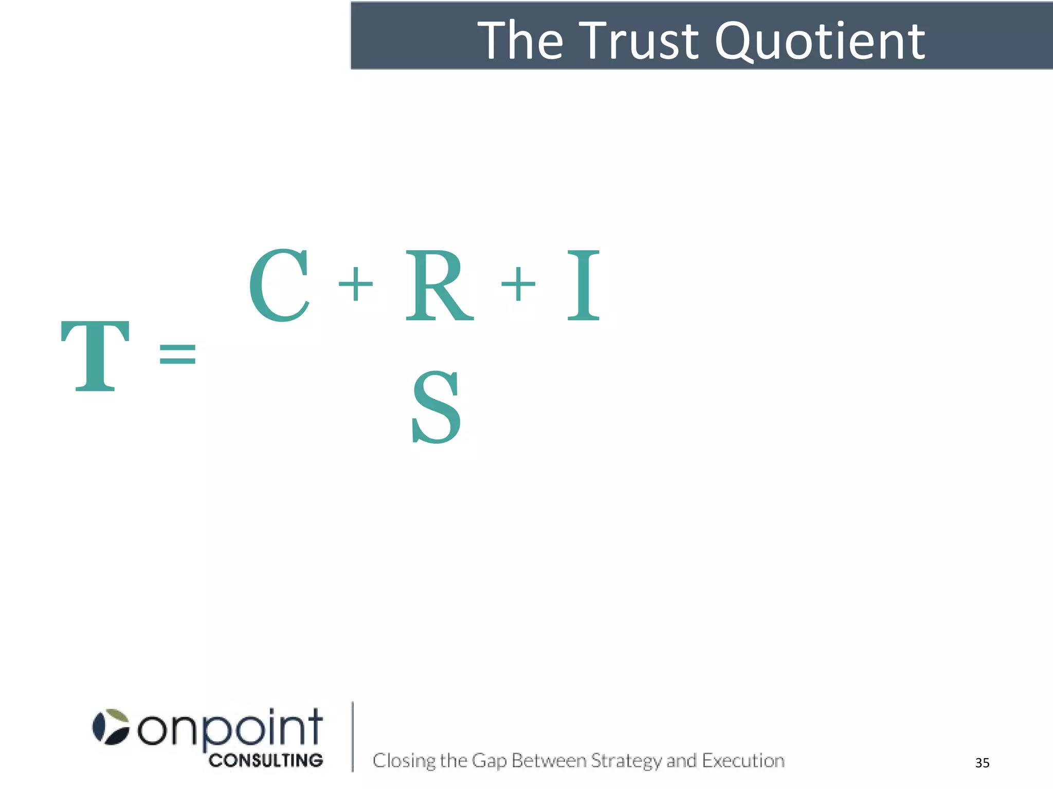 The Trust Quotient
C + R + I
S
T trustworthiness
C credibility
R reliability
I intimacy
S self-orientation
T =
35
 