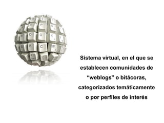 Sistema virtual, en el que se
establecen comunidades de
“weblogs” o bitácoras,
categorizados temáticamente
o por perfiles de interés
 