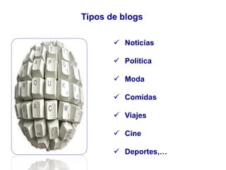 Tipos de blogs
 Noticias
 Política
 Moda
 Comidas
 Viajes
 Cine
 Deportes,…
 