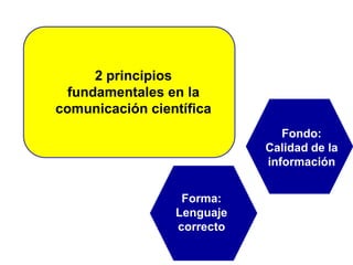 2 principios
fundamentales en la
comunicación científica
Forma:
Lenguaje
correcto
Fondo:
Calidad de la
información
 