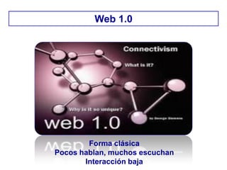 Web 1.0
Forma clásica
Pocos hablan, muchos escuchan
Interacción baja
 