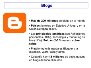 • Más de 200 millones de blogs en el mundo
• Países: la mitad en Estados Unidos; y en la
Unión Europea el 30%
• Las principales temáticas son Reflexiones
personales (18%), Tecnología y marketing on
line (14%). Sólo un 2-3 % versan sobre
salud
• Plataforma más usada es Blogger y, a
distancia, WordPress y otras
• Cada día hay 1,5 millones de posts nuevos
en blogs de todo el mundo
Blogs
 
