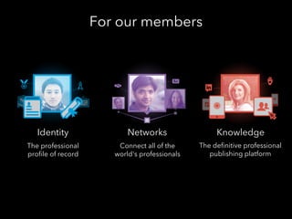 For our members

Identity

Networks

Knowledge

The professional
proﬁle of record

Connect all of the
world's professionals

The deﬁnitive professional
publishing platform

 
