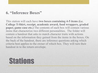 Stations
6. “Inference Boxes”
This station will each have two boxes containing 4-5 items (i.e.
College T-Shirt, receipt, academic award, food wrappers, graded
paper, game case etc.) The contents of each box will contain various
items that characterize two different personalities. The folder will
contain a handout that asks to match character traits with actions
based on the information they gained from the items in the boxes. On
the back of the handout, there are inference questions asking which
criteria best applies to the owner of which box. They will turn their
handout in to the return envelope.
 