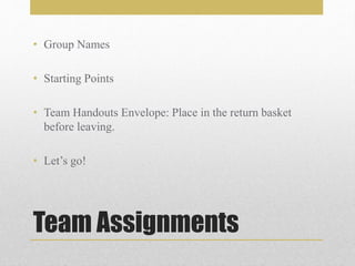 Team Assignments
• Group Names
• Starting Points
• Team Handouts Envelope: Place in the return basket
before leaving.
• Let’s go!
 