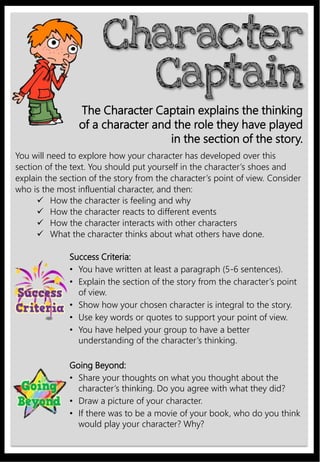 You will need to explore how your character has developed over this
section of the text. You should put yourself in the character’s shoes and
explain the section of the story from the character’s point of view. Consider
who is the most influential character, and then:
 How the character is feeling and why
 How the character reacts to different events
 How the character interacts with other characters
 What the character thinks about what others have done.
Success Criteria:
• You have written at least a paragraph (5-6 sentences).
• Explain the section of the story from the character’s point
of view.
• Show how your chosen character is integral to the story.
• Use key words or quotes to support your point of view.
• You have helped your group to have a better
understanding of the character’s thinking.
Going Beyond:
• Share your thoughts on what you thought about the
character’s thinking. Do you agree with what they did?
• Draw a picture of your character.
• If there was to be a movie of your book, who do you think
would play your character? Why?
The Character Captain explains the thinking
of a character and the role they have played
in the section of the story.
 