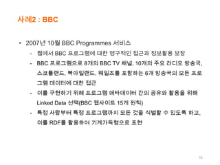 사례2 : BBC
• 2007년 10월 BBC Programmes 서비스
- 웹에서 BBC 프로그램에 대한 영구적인 접근과 정보활용 보장
- BBC 프로그램으로 8개의 BBC TV 채널, 10개의 주요 라디오 방송국,
스코틀랜드, 북아일랜드, 웨일즈를 포함하는 6개 방송국의 모든 프로
그램 데이터에 대한 접근
- 이를 구현하기 위해 프로그램 메타데이터 간의 공유와 활용을 위해
Linked Data 선택(BBC 웹사이트 15개 원칙)
- 특정 사람부터 특정 프로그램까지 모든 것을 식별할 수 있도록 하고,
이를 RDF를 활용하여 기계가독형으로 표현

15

 